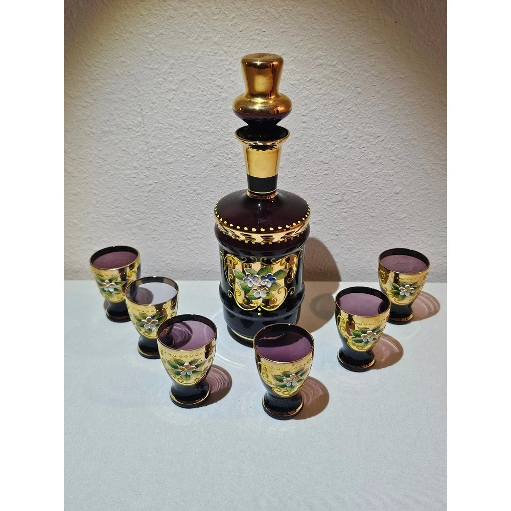 Vintage Amethyst Purple Glass Decanter Set Gold Gilt Hand Painted Floral Japan